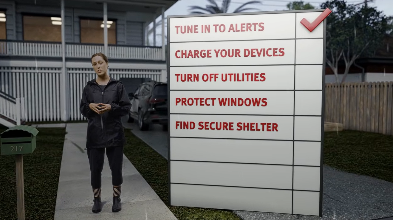 Female at front of residential house with emergency checklist on screen