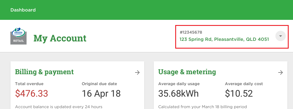 Shows My Account dashboard with drop down arrow highlighted in the top right corner next to the account number and address.