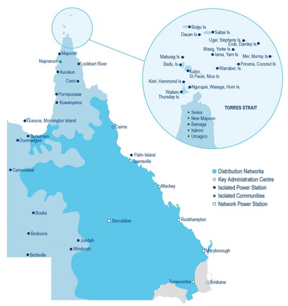 Map of Queensland (excluding South East Queensland) showing the isolated power stations and communities