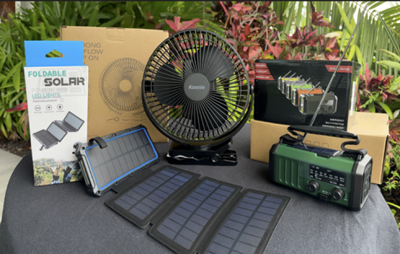 The Jumbun resilience prize pack of a fan, small solar panels and a radio