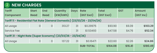 New charges panel showing electricity usage and service fees across Tariff 11 and Tariff 31, with total charges of $180.49 for the billing period.