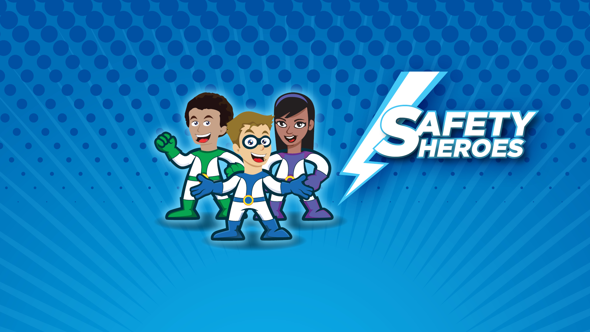 3 cartoon kids dressed up as safety heroes
