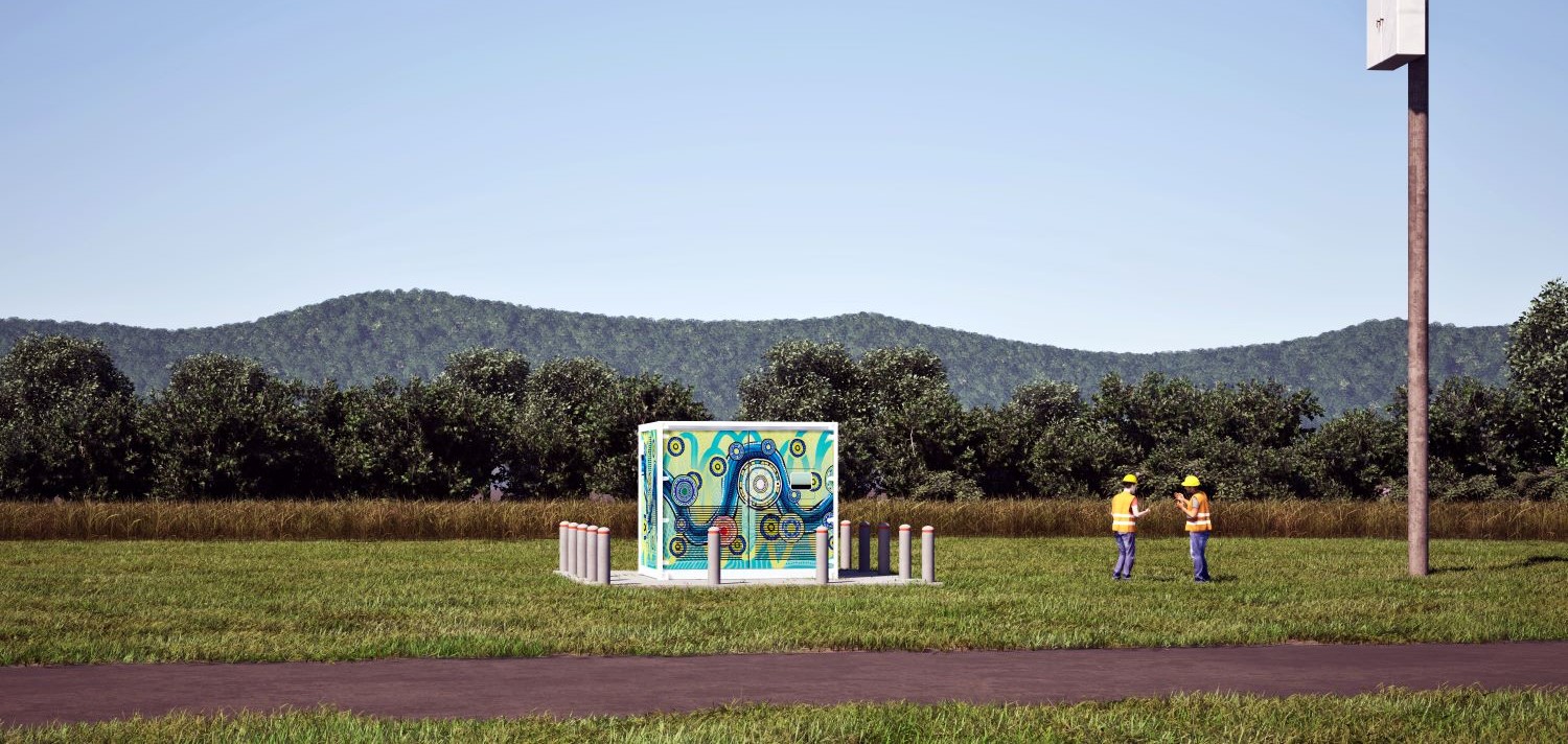 Jumbun microgrid artist impression with front view on grass and mountains in background