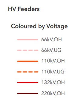 HV feeders coloured by voltage