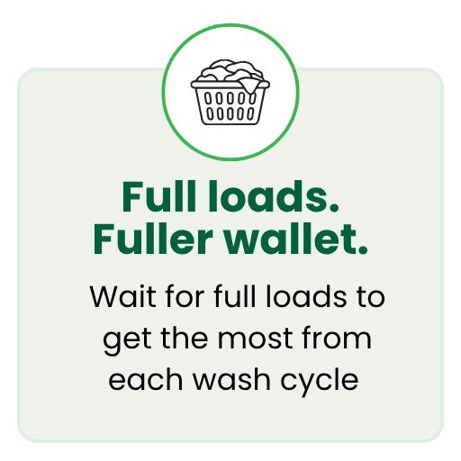 Full laundry basket icon with a tip to run full washing loads to save water and energy.