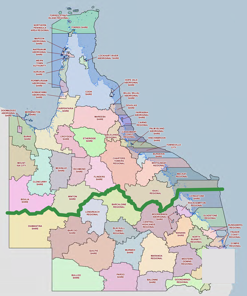 Map of Queensland showing North & South regions