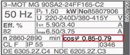 Image of motor nameplate showing power factor.