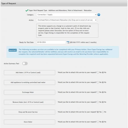Electrical Partners Portal screenshot of Type of Request for Drop and Re-erect Service