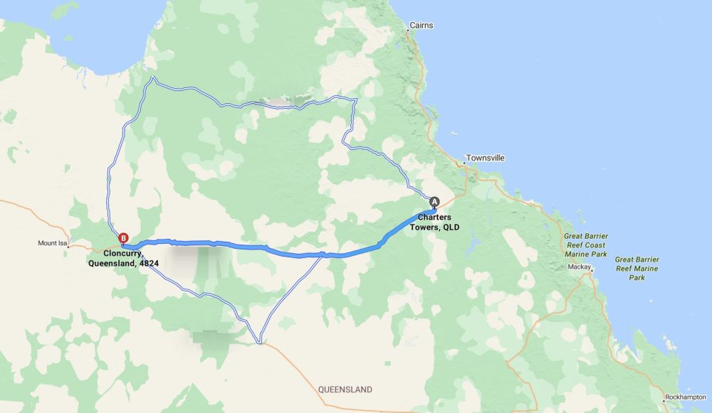 Google map marking the road from Charters Towers to Cloncurry