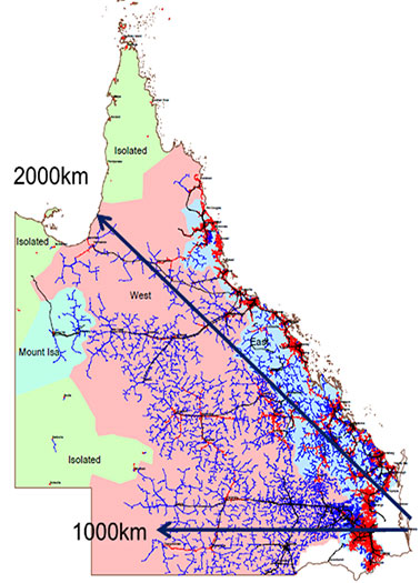 Map of the Greater Queensland electric network for grid supply