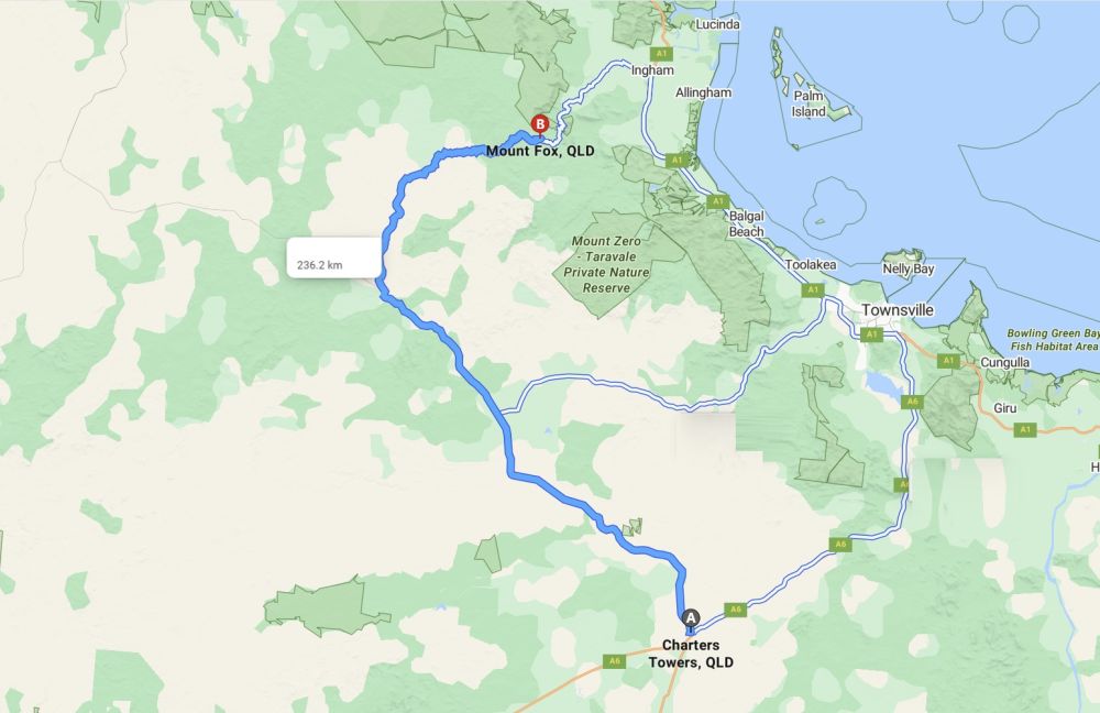 Google map marking the road from Charters Towers to Mt Fox