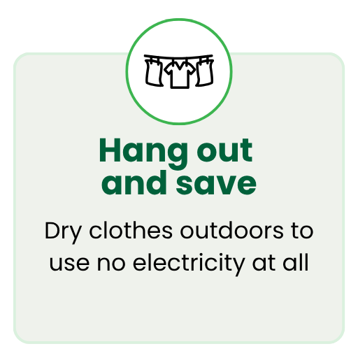 Clothesline icon with a tip to dry clothes outdoors to reduce electricity use and save money.