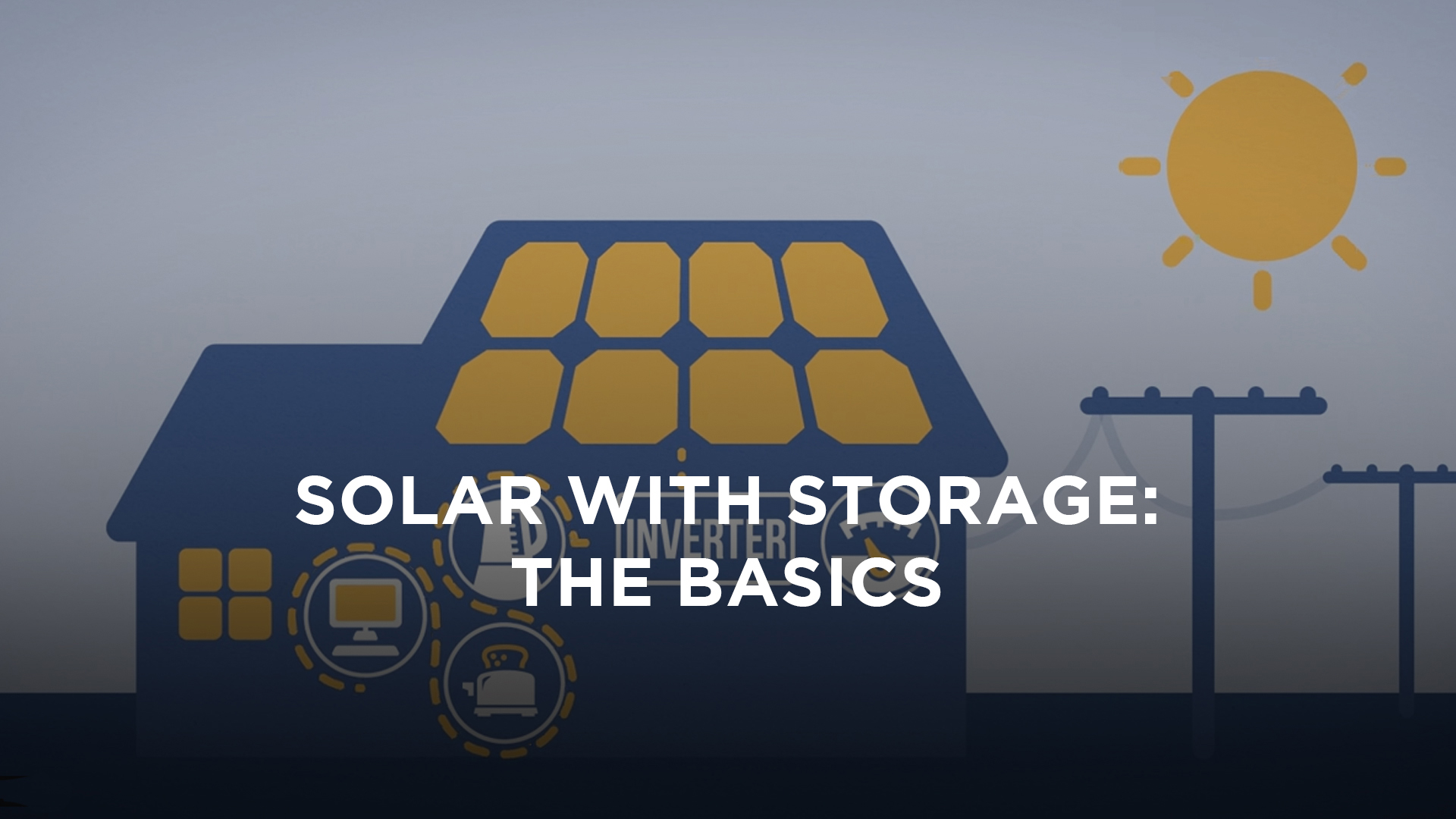 Cartoon diagram showing solar power going from powerlines to the house and the appliances it uses