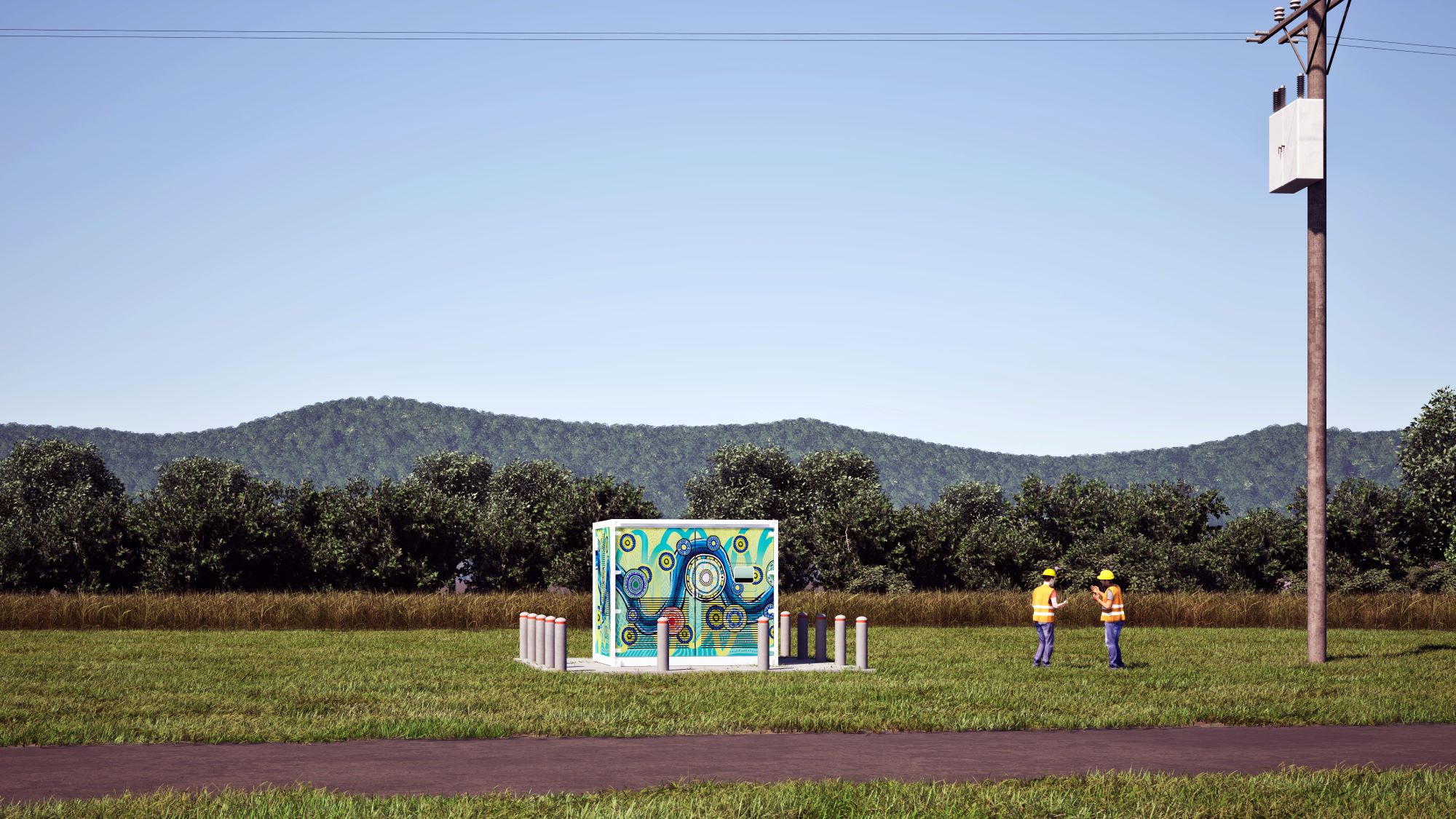 Artist impression of new microgrid on grass with trees in background and workers off to the side