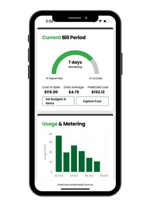 Mobile phone showing smart features in My Account. The image includes a visual showing the number of days remaining in the current bill period and a graph showing usage and metering.