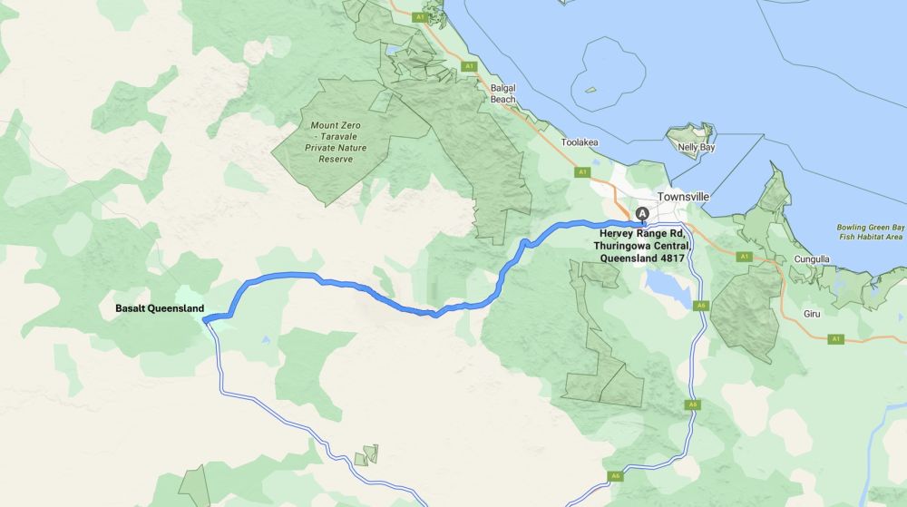 Google map marking the road from Hervey Range Road to Basalt