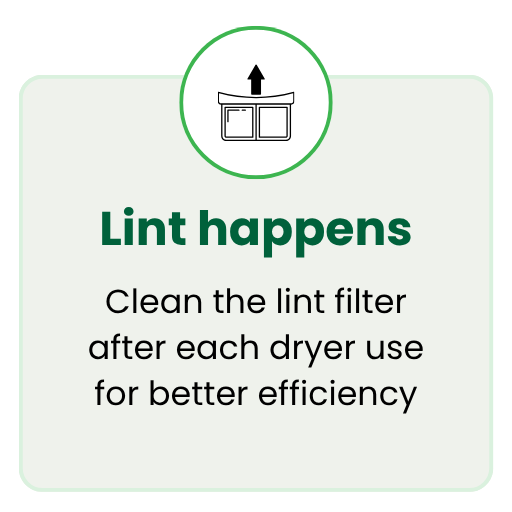 Dryer lint filter icon with a tip to clean the lint filter regularly to improve dryer efficiency and reduce energy use.