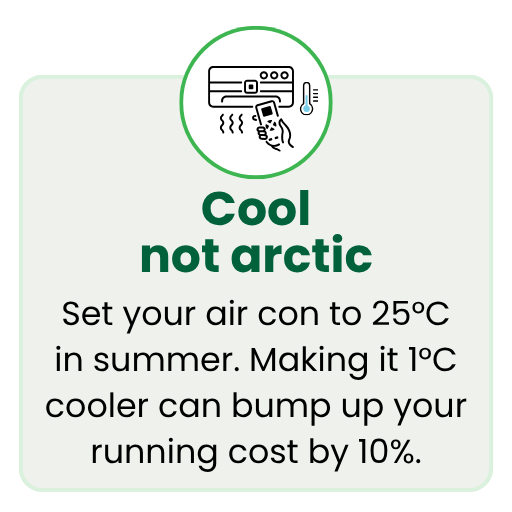 Set your air con to 25°C in summer. Making it 1°C cooler can bump up your running cost by 10%.
