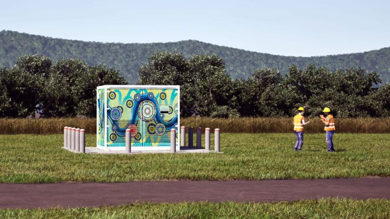Jumbun microgrid artist impression front view with mountains in background and works on right
