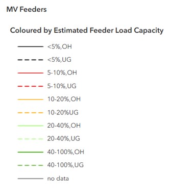 MV Feeders Coloured By Estimated Feeder Load Capacity Layer
