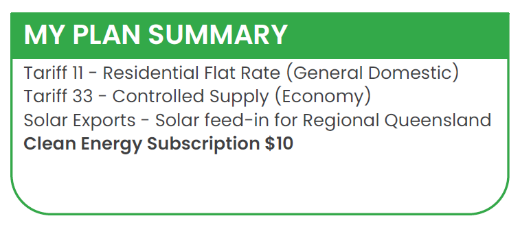 Plan summary panel listing Tariff 11 residential flat rate, Tariff 33 controlled supply, solar exports feed-in, and a $10 Clean Energy Subscription.