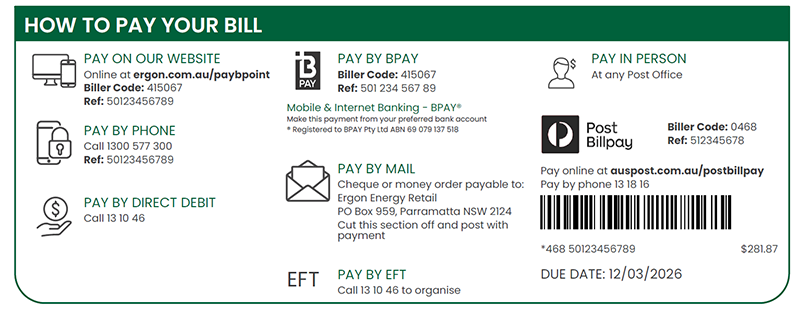 Payment options panel showing ways to pay (online, BPAY, Post Billpay, phone, direct debit, mail, or EFT), with a barcode, amount due $281.87, and due date 12 March 2026.