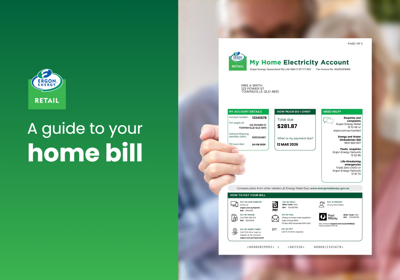 Guide cover showing an Ergon Energy Retail home electricity bill, with a sample bill held in front and the text “A guide to your home bill” on a green background.