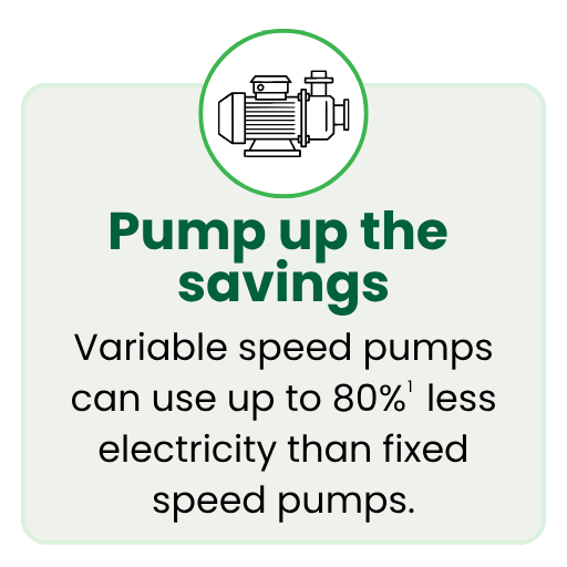 Variable speed pumps can use up to 80%  less electricity than fixed speed pumps.