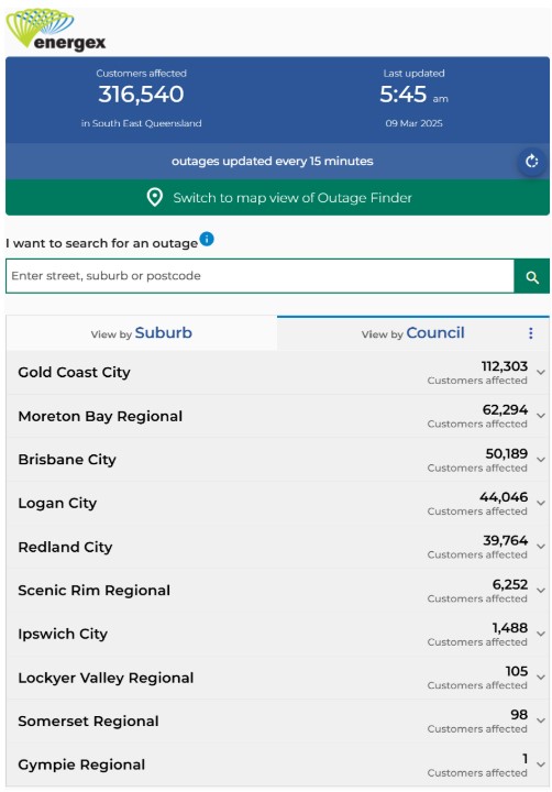 Screenshot of the Energex Emergency power outages on 9 March with 316,540 customers out