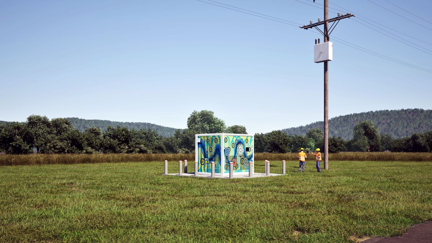 Jumbun microgrid artist impression with side view on grass and mountains in background