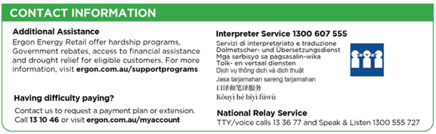 Contact Information” banner with support options, including payment help (13 10 46), interpreter service (1300 607 555), and National Relay Service (TTY/voice 13 36 77, Speak & Listen 1300 555 727).