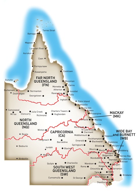 Map of Queensland showing Ergon Energy's Tariff 33 switching times by region.
