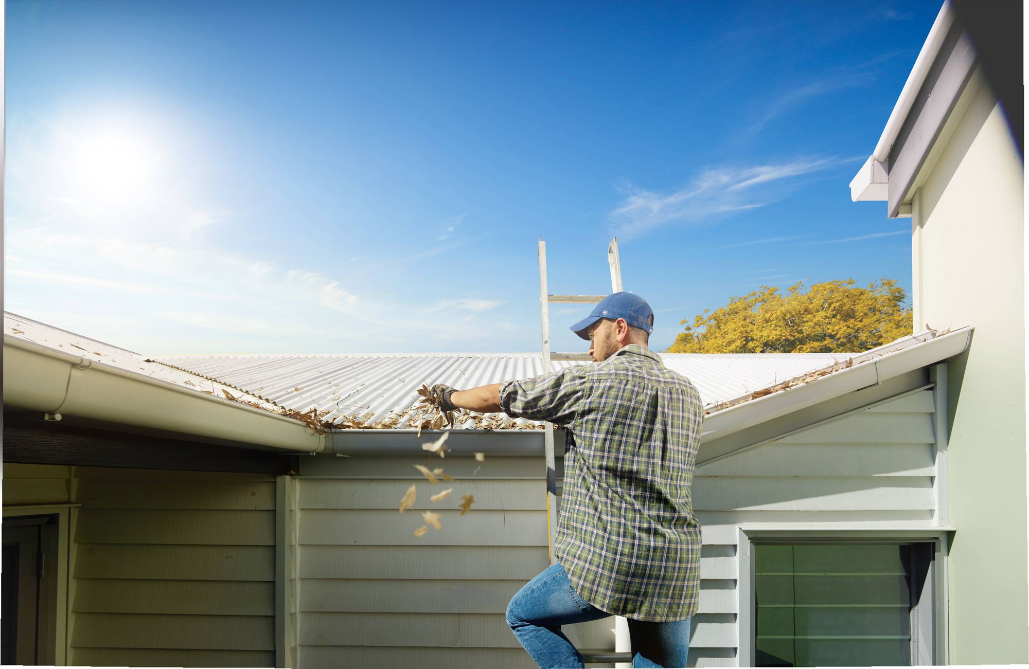 Man on ladder clearing leaves from roof gutter