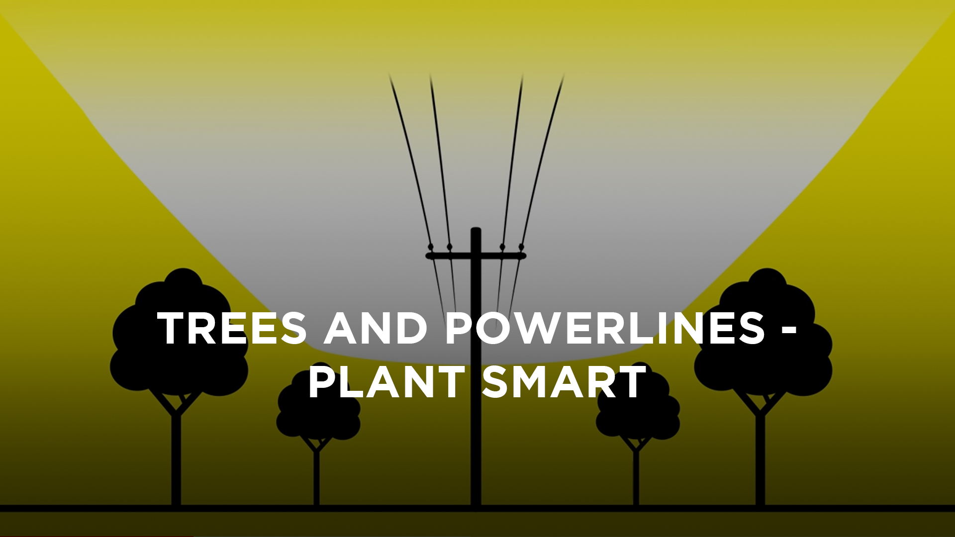 Cartoon trees near powerlines with wording of trees and powerlines - plant smart