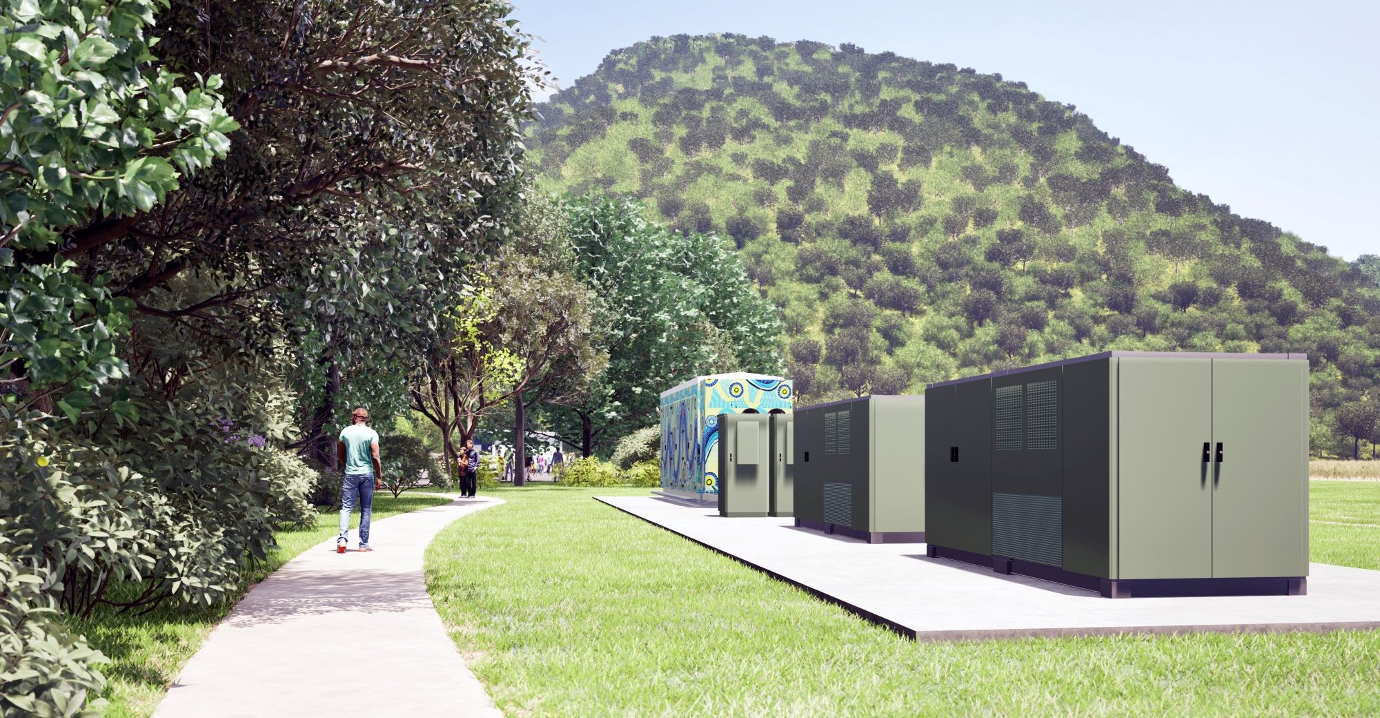 Artist impression of the Mossman microgrid front view on walking path