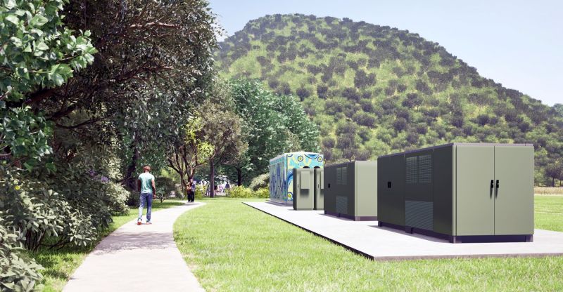Artist impression of the Mossman microgrid front view on walking path