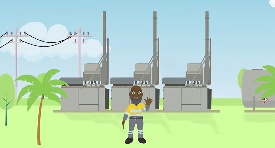 Cartoon graphic of worker in front of electricity network